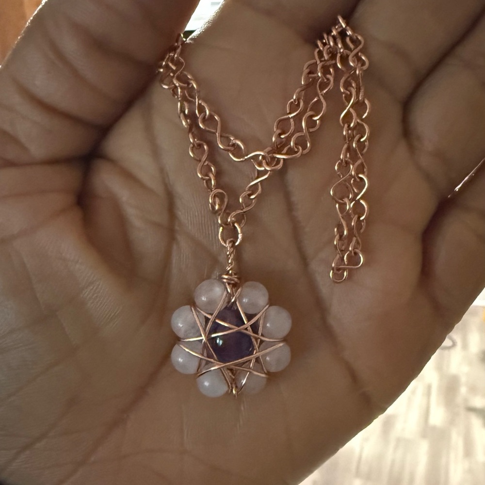Amethyst Pink Quartz Daisy Pendant Necklace on Infinity Link Chain